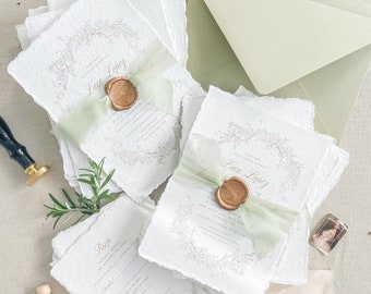 Gail Handmade Paper Wedding Invitation Set, Deckled Edge Invitations, Cotton Paper, Matcha envelopes, Silk ribbons and golden wax seals