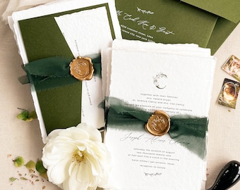 Clare Handmade Wedding Invitations, Hand Drawn Monogram Invitations, Wax Seals, Cotton Paper Invitations, Deckled Edge Invitation, DEPOSIT