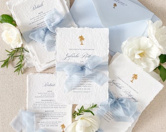 Wedding Invitation Sets | Handmade Paper Deckled Edge Invitations | Beach Theme Wedding Invites | Contact us for a Quote | Annamaria