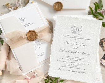 May Handmade Wedding Invitation Sets, Deckled Edge Paper Invitations, Cotton Paper Invitations, Silk Ribbons, Wax Seals, Envelopes, DEPOSIT