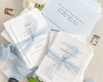Suzette Handmade Paper Wedding Invitation Set, Deckled Edge Invitations, Cotton Paper, Printed or Printable Wedding Invitations, DEPOSIT