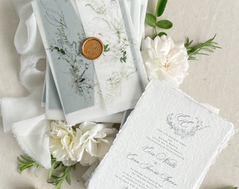 Marlene Handmade Wedding Invitation Sets, Deckled Edge Paper Invitations, Cotton Paper Invitations, Silk Ribbons, Wax Seals, DEPOSIT