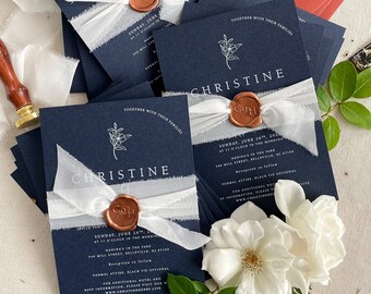 Ruby Navy Wedding Invitation Sets, White Ink Printing Invitations, Silk Belly Bands, Envelopes, Wax Seals, Printed Invitations