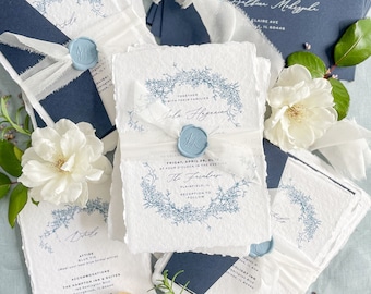 Alize Handmade Wedding Invitation Sets, Deckled Edge Paper Invitations, Cotton Paper Invitations, Floral Wreath, Wax Seals, DEPOSIT