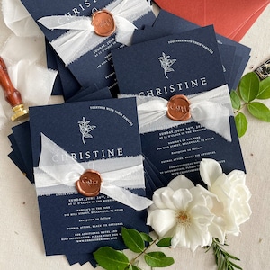 Ruby Navy Wedding Invitation Sets, White Ink Printing Invitations, Silk Belly Bands, Envelopes, Wax Seals, Printed Invitations image 1