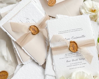 Charley Handmade Wedding Invitation Sets, Deckled Edge Paper Invitations, Cotton Paper Invitations, Monogram, Wax Seals, DEPOSIT