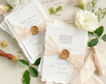 Brunella Handmade Paper Wedding Invitation, Deckled Edge Paper Invitation, Cotton Paper Invitations, Silk Ribbons, Envelopes, DEPOSIT