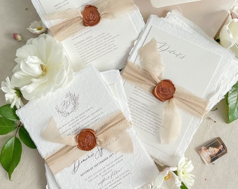 Elaine Handmade Wedding Invitation Sets, Deckled Edge Paper Invitations, Cotton Paper Invitations, Monogram Invites, Wax Seals, DEPOSIT