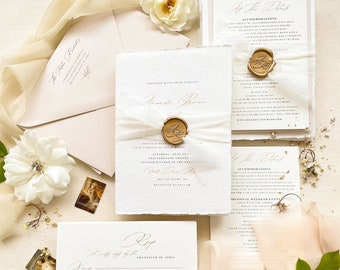 Deckled Edges Invitations DEPOSIT Aphrodite Handmade Wedding Invitation Sets Silk Ribbons Wax Seals Wedding Stationery