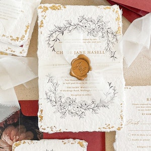 Wedding Invitations | Handmade Paper Deckled Edge Paper | Golden Leaf  | Vintage Style  Stationery | Contact for a Quote | Valerie