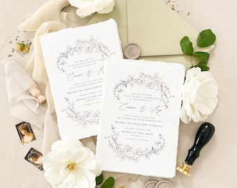 Deckled Edges Invitations DEPOSIT Aphrodite Handmade Wedding Invitation Sets Silk Ribbons Wax Seals Wedding Stationery