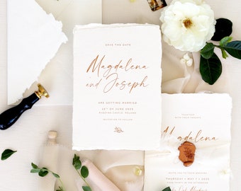 Deckled Edges Invitations DEPOSIT Aphrodite Handmade Wedding Invitation Sets Silk Ribbons Wax Seals Wedding Stationery