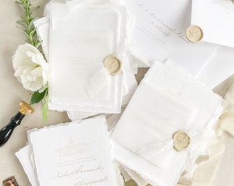 Amya Handmade Paper Wedding Invitation Set, Deckled Edge Invitations, Cotton Paper, Printed or Printable Wedding Invitations, DEPOSIT