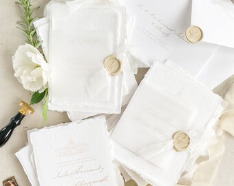 Amya Handmade Paper Wedding Invitation Set, Custom Venue Illustration, Deckled Edge Invitations, Cotton Paper, Printed Invitations, DEPOSIT