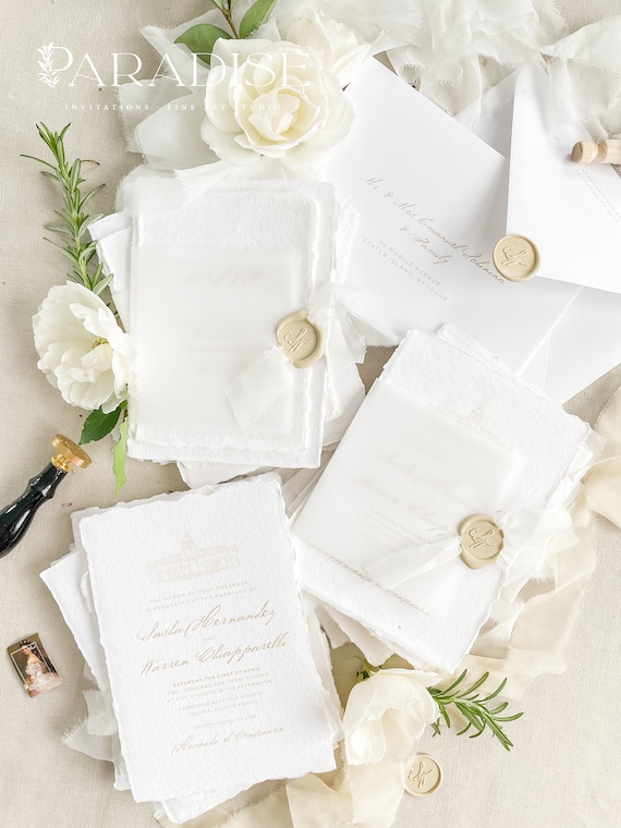 Amya Handmade Paper Wedding Invitation Set, Custom Venue Illustration, Deckled Edge Invitations, Cotton Paper, Printed Invitations, DEPOSIT
