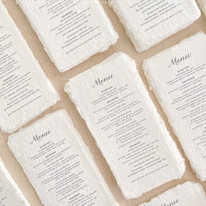 Menus de mariage en papier fait main séné, menus en papier taupe, papeterie de jour mariage, papier de coton, table de mariage, caution