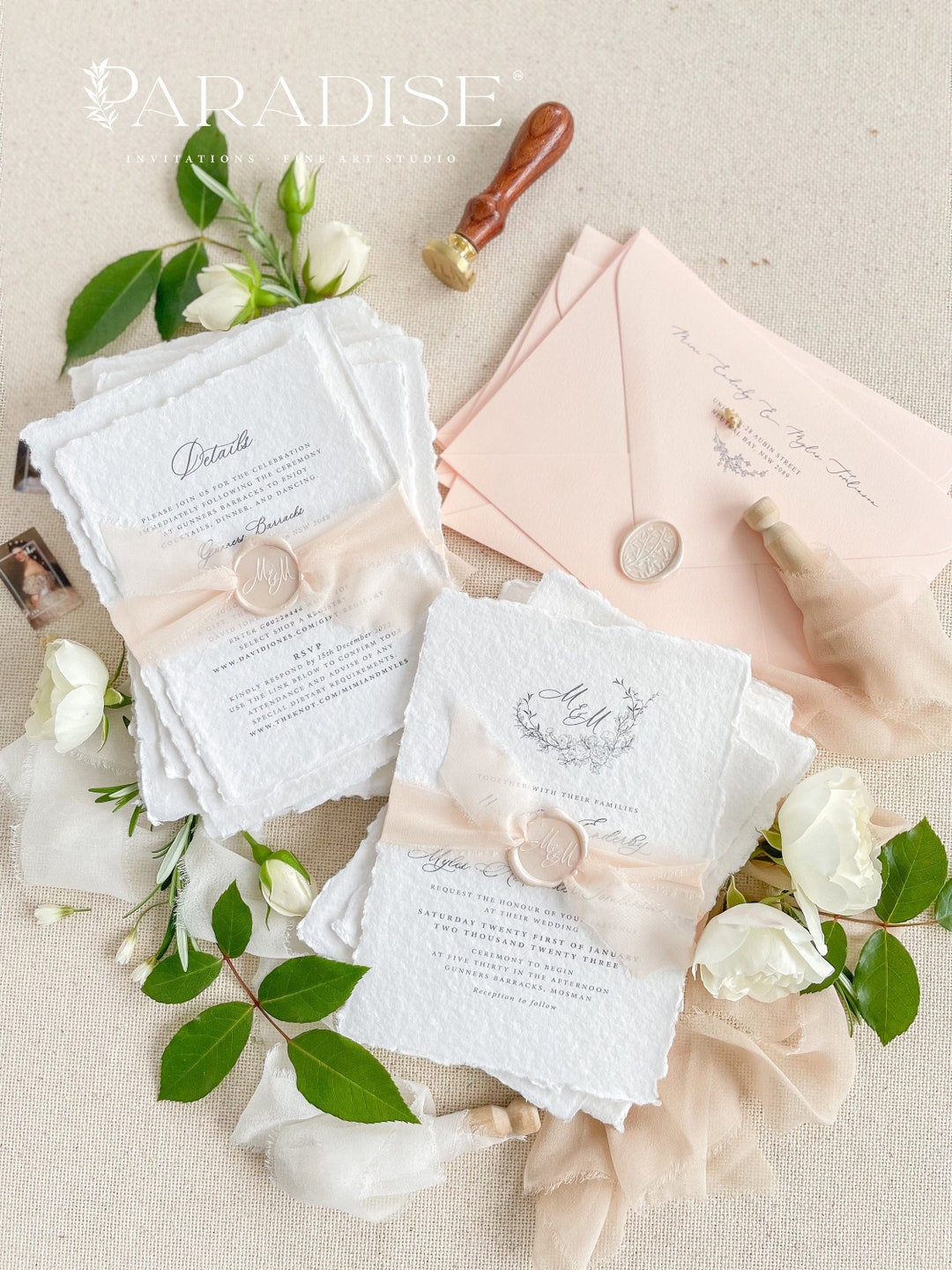 Karoly Handmade Paper Wedding Invitation Set, Deckled Edge Invitations