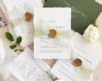 Jeanee Handmade Wedding Invitation Sets, Deckled Edge Paper Invitations, Cotton Paper Invitations, Silk Ribbons, Wax Seals, DEPOSIT