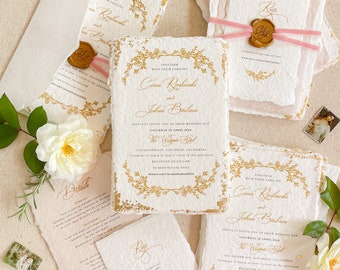 Millie Handmade Paper Wedding Invitation Suite, Deckled Edge Paper, Golden Leaf Invitations, Cotton Wedding Invitations, Deposit