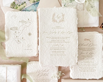 Deckled Edge Wedding Invitation | Hand Drawn Lake Como Map | Vellum Wrap | Luxury Suite | Gloria