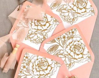 Dusty Pink Envelopes en Floral Liners, Premium Stationery, Pack x50, Peony Liners, NEEM CONTACT MET ONS OP voor aankoop