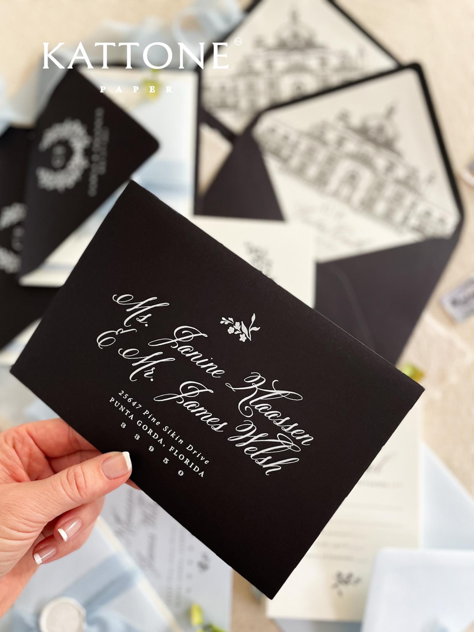 Black Envelopes and White Ink Printing, Custom Venue Illustration ...