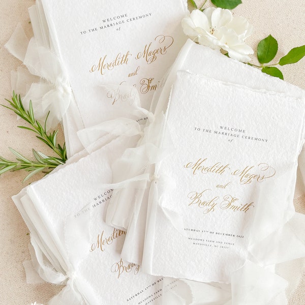 Lacie Handmade Paper Wedding Programs, Printed or Printable Wedding Programs, Cotton Paper, Deckled Edge Paper, DEPOSIT