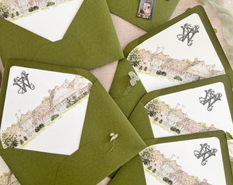 Wedding Envelopes and Liners | Custom Venue Watercolor | Forest Green | Personalized Monogram | Pack of x50
