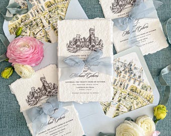 Handmade Paper Save the Date Cards | Italian Castle Wedding | Blue Ribbon | Watercolor Envelope Liners | Enid