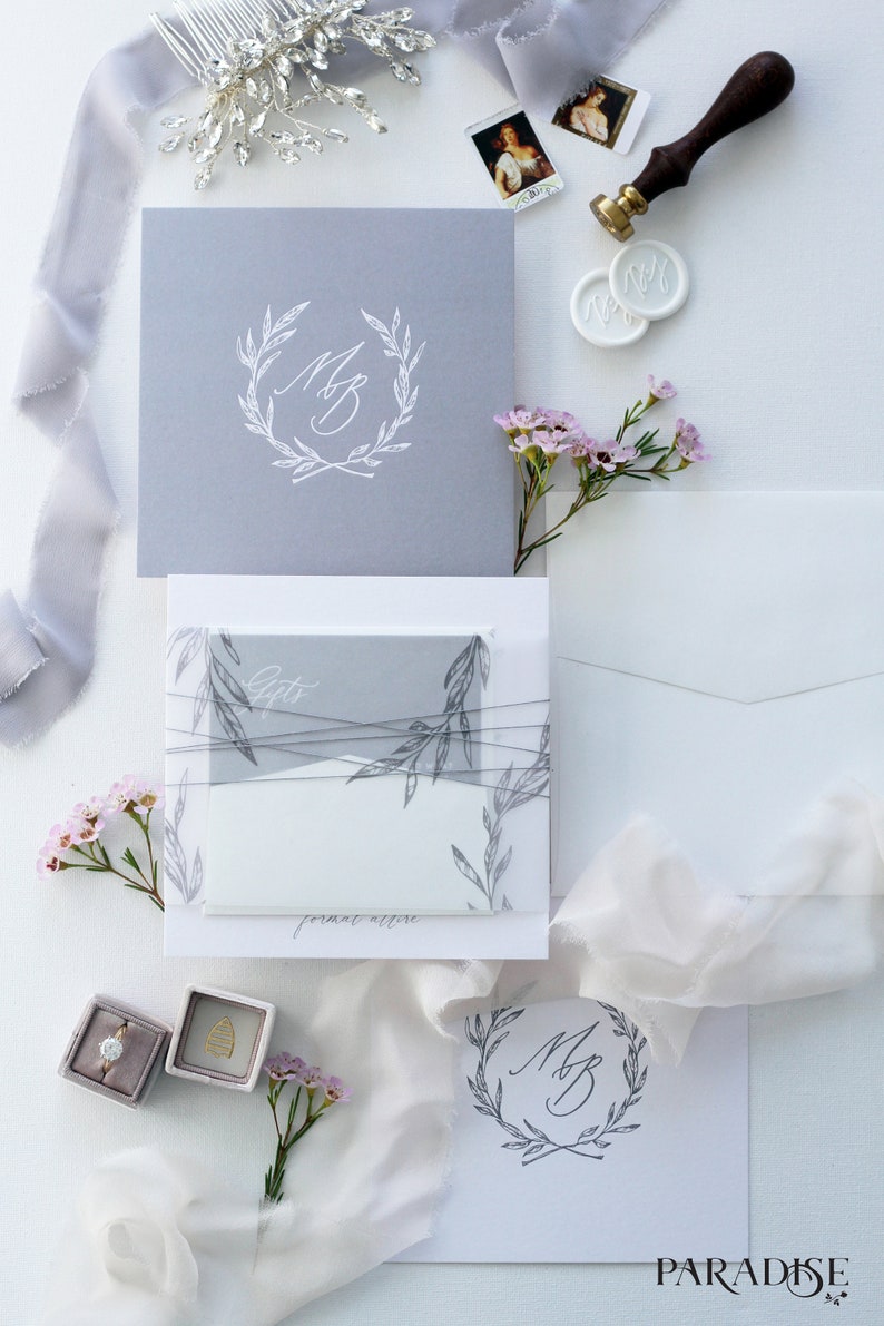 Modern Calligraphy Invitations Bertille Square Wedding Invitation Sets Wedding Stationery Silver and white Custom Invites
