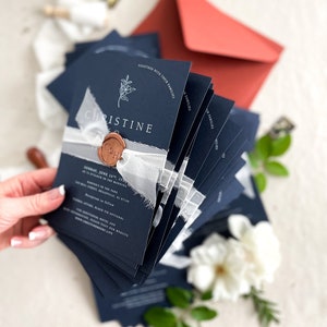 Ruby Navy Wedding Invitation Sets, White Ink Printing Invitations, Silk Belly Bands, Envelopes, Wax Seals, Printed Invitations image 2