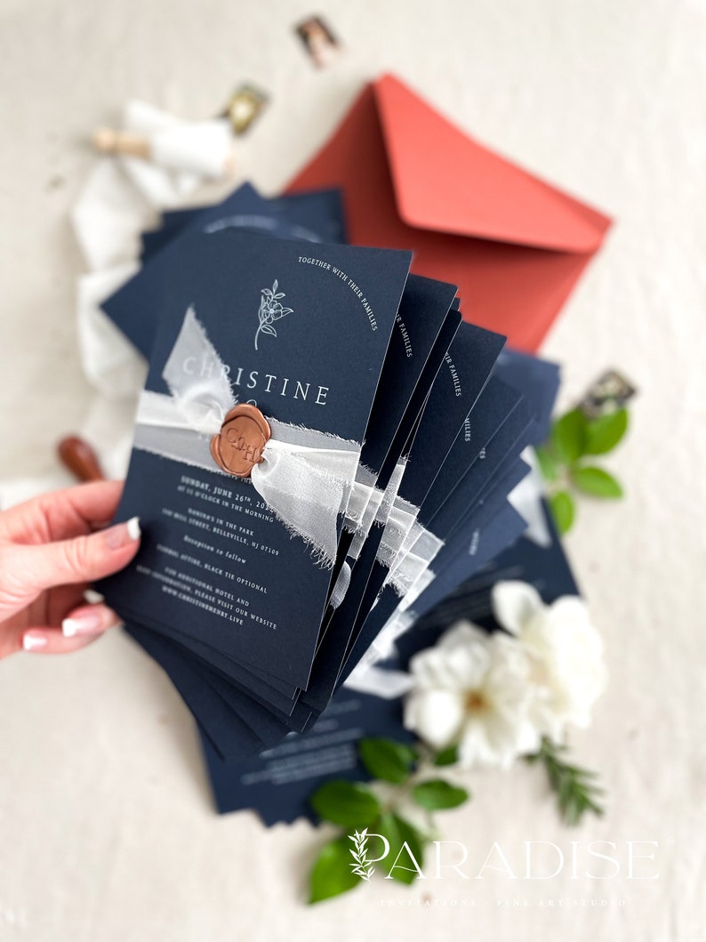 Ruby Navy Wedding Invitation Sets, White Ink Printing Invitations, Silk Belly Bands, Envelopes, Wax Seals, Printed Invitations image 2