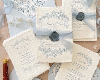 Blue Floral Wedding Invitation | Handmade Paper | Deckled Edge | Luxury Wedding Suite | Novalee
