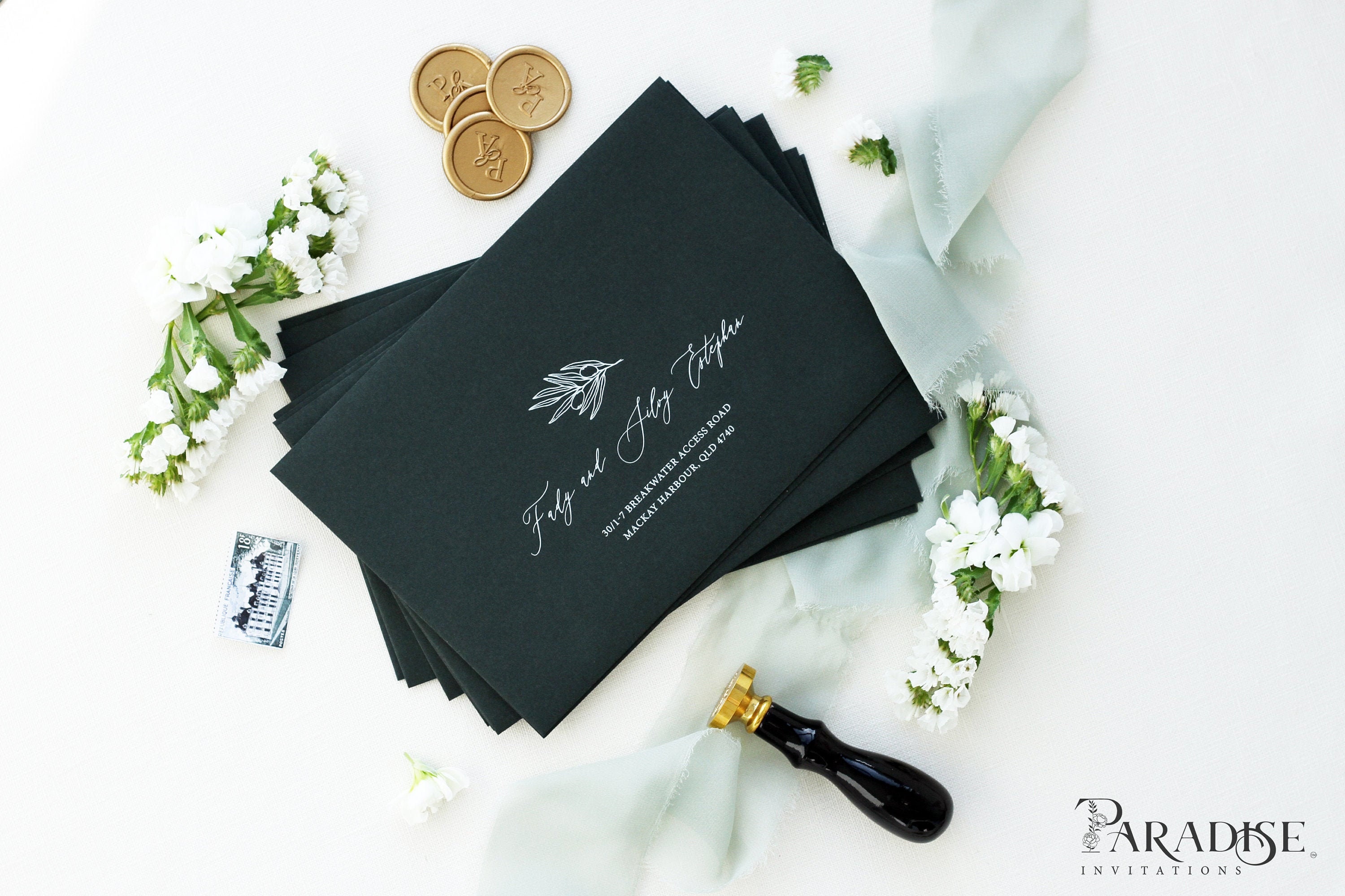 5x7 High Quality Envelopes Front only Olive Branch Black Envelopes White Ink Address Printing pack of x50 size 130x190