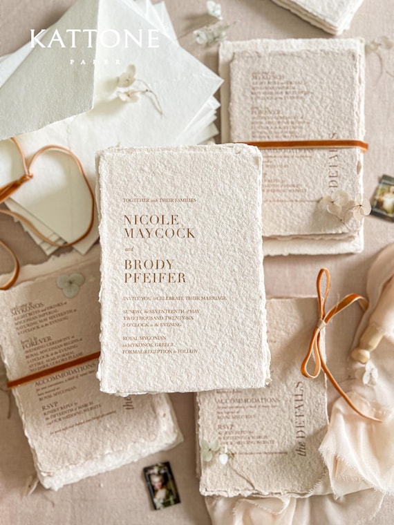 Colored Handmade Paper Wedding Invitation Suite | Deckle Edge Cotton Paper | Terracotta Typography Luxury Invite | Elara