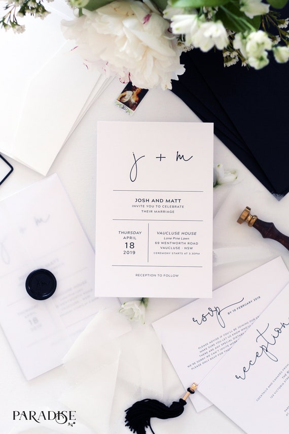 Wedding Invitation Black and white Black Envelopes Vellum Wedding Invitations Amaury Modern Wedding Invitation Sets Wax Seals
