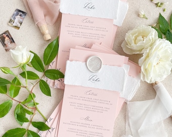 Benutzerdefiniertes Hochzeitsmenü | Büttenrand Papier | Handgemachte Menükarten aus Baumwolle | Unikat der Ganzsachenwelt