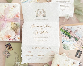 Tri Fold Wedding Invitation | Handmade Paper | Concertina Invite | Pisa Wedding Suite | Gwendolyn
