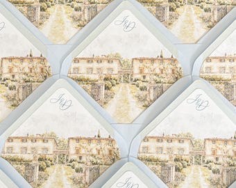 Watercolor Wedding Envelope Liners and Envelopes | Custom Venue Illustration | Luxury Stationery | Pack of x50