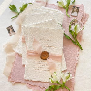 Samira Handmade Paper Save the Date Cards, Wedding Stationery, Deckled Edge Paper Cards, Calligraphy Save the date cards, DEPOSIT