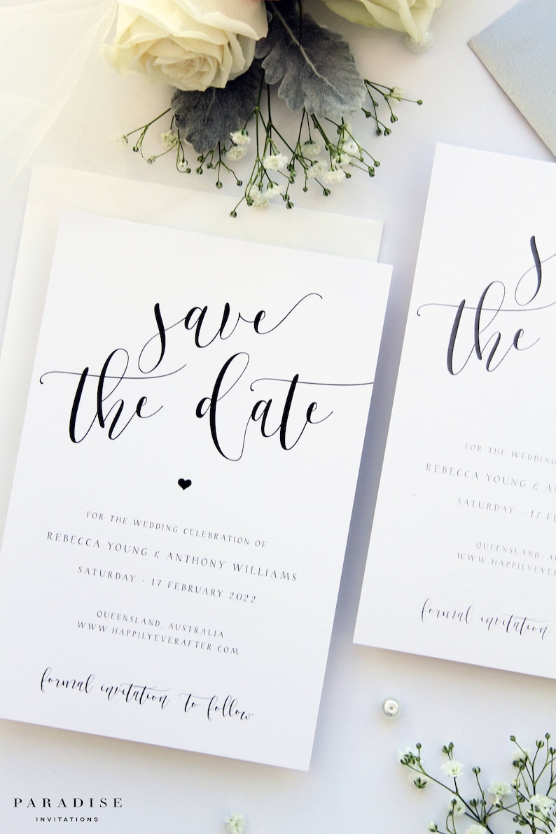 Save the Date Template or Printed Save the Date Cards Grey Metallics Rebecca Silver and Black Heart Save the Date Cards Wedding Stationery