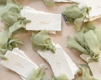 Wedding Place Cards | Handmade Paper | Deckle Edge Escort Tags | Sage Green Silk Ribbon | Idalia