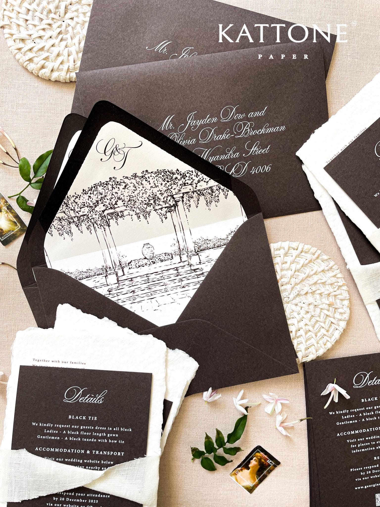 Handmade Chocolate Wedding Invitation Set | Deckled Edge Cotton Paper ...