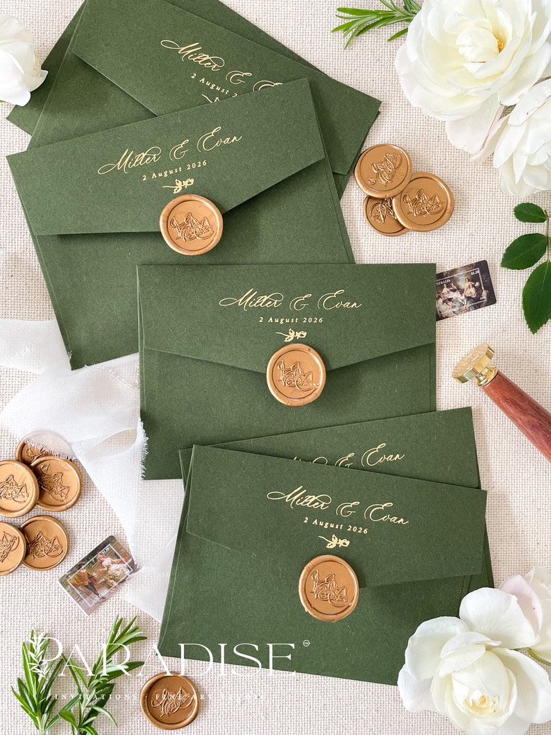 Real Gold Foil Printing on Forest Green Envelopes, Wedding Stationery, Invitation Stationery, PLEASE CONTACT us before purchasing image 3