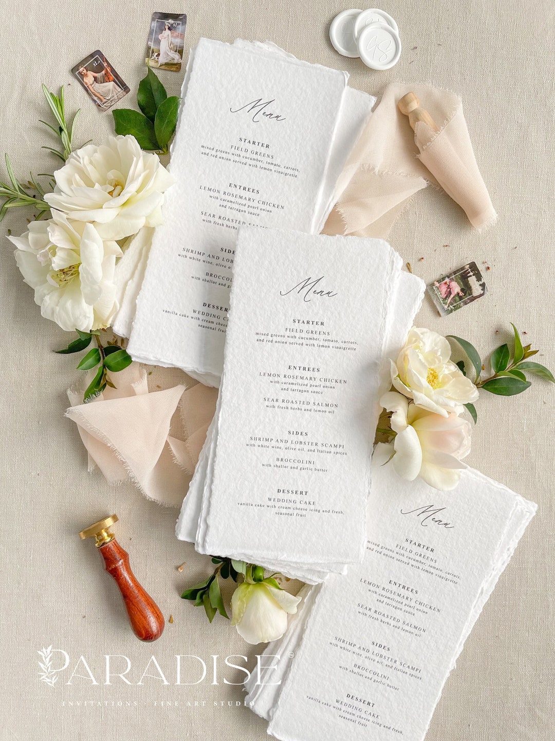 Fey Handmade Paper Wedding Menus, Deckled Edge Paper Menus, Day
