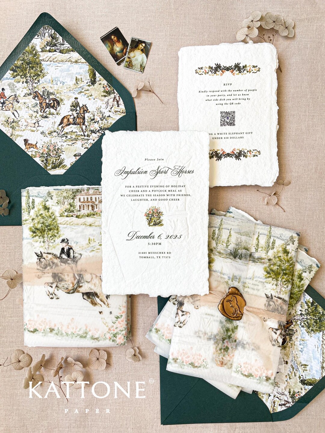 Custom Handmade Invitations Embossed Handmade Paper Invitation | Custom Vellum Wrap Illustration ...