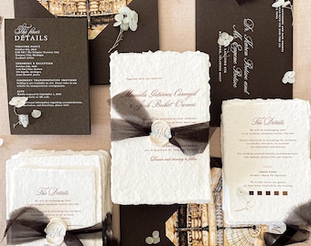 Handmade Paper Invitation | Black Silk Ribbon Wrap | Wax Seal | Fine Art Wedding Suite | Flora