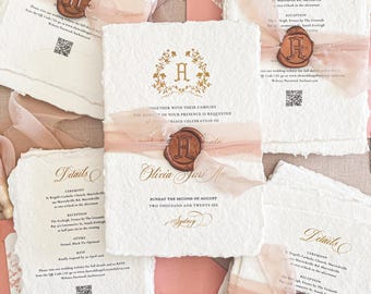 Handmade Paper Wedding Invitation | Romantic Fine Art Wedding Invitation Suite | Luxury Blush Wedding Stationery | Emilia