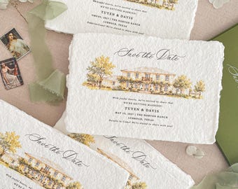 Custom Save the Date | Handmade Paper | Venue Illustration | Deckle Edge | Luxury Stationery | Laurel