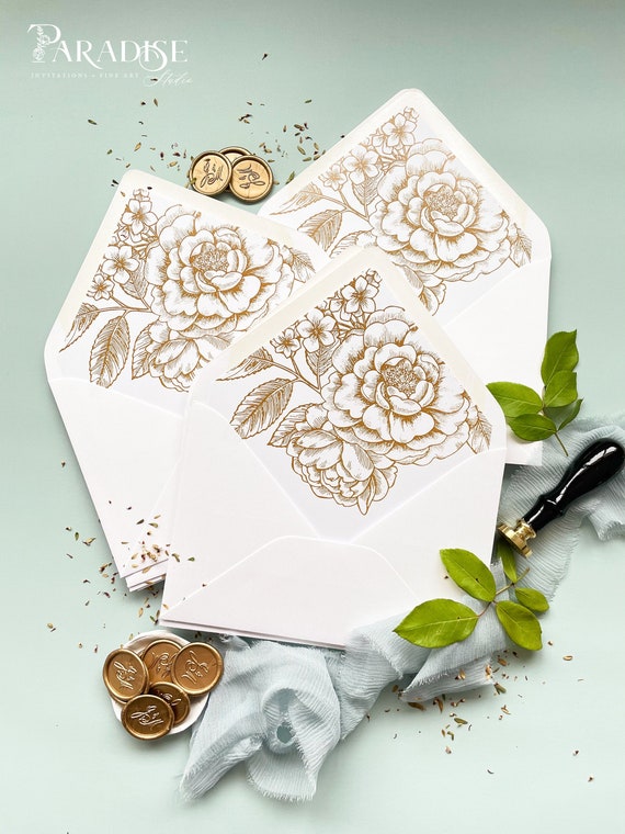 Golden Floral Envelope Liners, Garden Wedding Envelope Liners